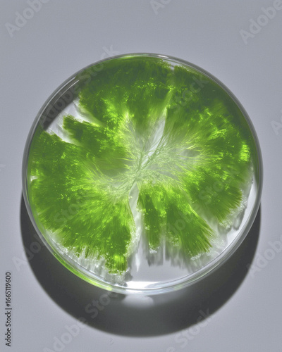 A Petri dish with green plant samples inside. A concept of medicine and new drug research.
