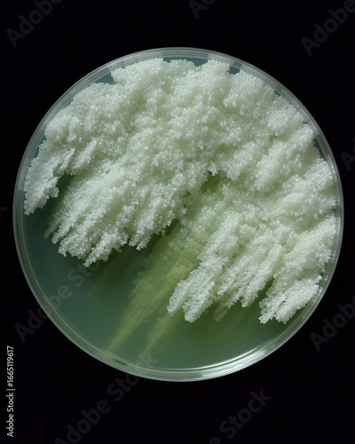A Petri dish with crystalline samples on a black background. A concept of research in medicine and microbiology.
