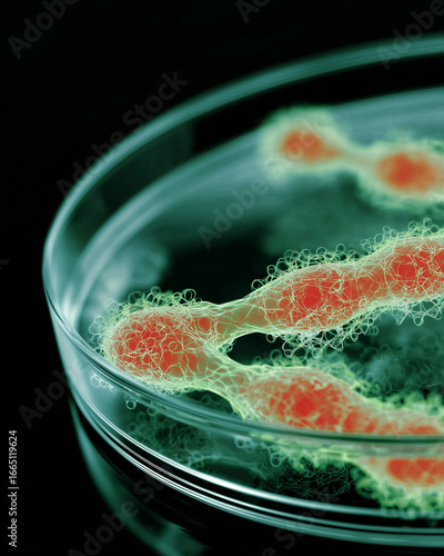 A side view of a Petri dish with virus and bacteria samples. A concept of medical research and microbiology.
