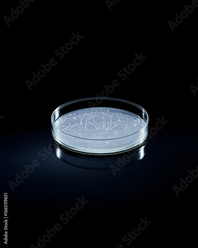 A side view of a Petri dish with frozen samples on a black background. A concept of medical research.