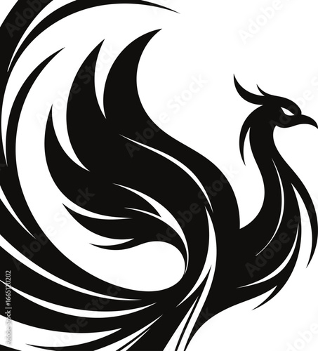Stylized black and white phoenix with elegant feathers and rising from the ashes, a powerful and mythological design.