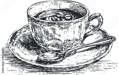 Vintage Line Drawing of Coffee Cup with Beans and Spoon