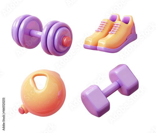 Four pastel-colored fitness icons.  Two dumbbells, a medicine ball, and a pair of running shoes,  displaying a 3D style.  The colors are muted and harmonious, with a light, playful quality