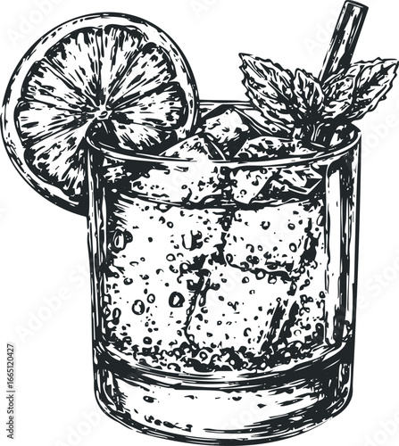 Hand-drawn Sketch of a Refreshing Citrus and Mint Drink with Ice