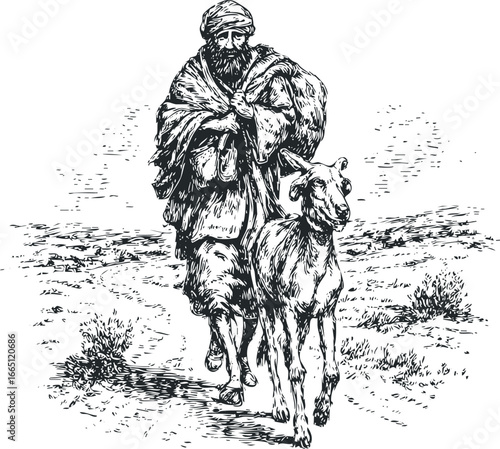 Man in traditional clothing leads a goat through a textured landscape