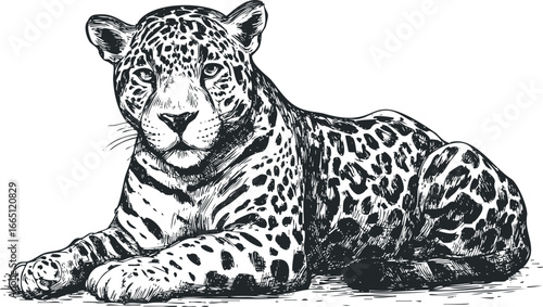 Sketch of a majestic jaguar resting peacefully on a white background