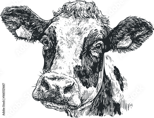 Detailed ink sketch of a black and white spotted cow's head