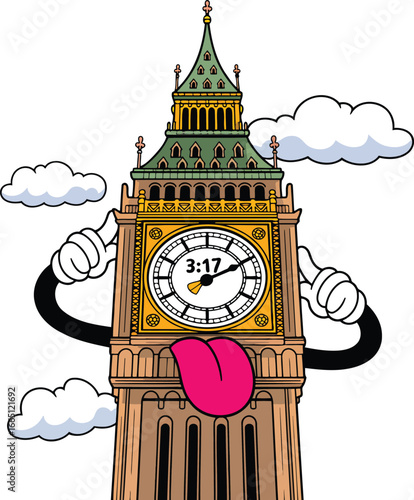 Cartoon Big Ben Clock Tower with Goofy Expression and Transparent Backdrop Design