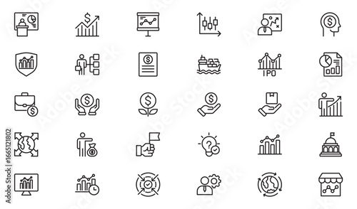 Trade outline icon set. Business icon set. Business team, planning, company, profit and successful key icons. Thin outline icons pack. Vector illustration