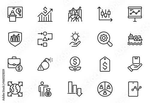 Trade outline icon set. Business icon set. Business team, planning, company, profit and successful key icons. Thin outline icons pack. Vector illustration