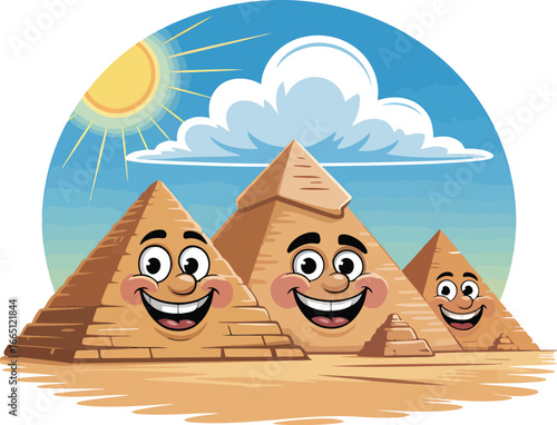 Cartoon Egyptian Pyramids with Smiling Faces Against a Sunny Sky and Cloud Background Vector