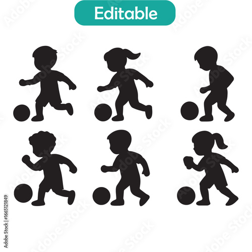 set of nine kid play soccer silhouette vector 