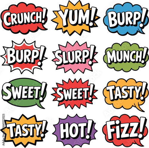 Cartoon Food Sounds with Crunch Yum Burp Slurp Munch Sweet Tasty Hot Fizz Speech Bubbles
