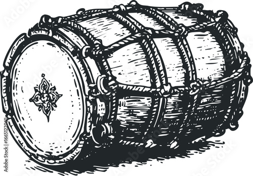 Antique Barrel Drum with Rope Ties and Decorative Drum Head