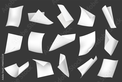 Flying paper sheets. Curve blank white papers float in air and fall. 3D realistic A4 letter office document, note pages blow wind, scatter sheets. Vector isolated mockup.