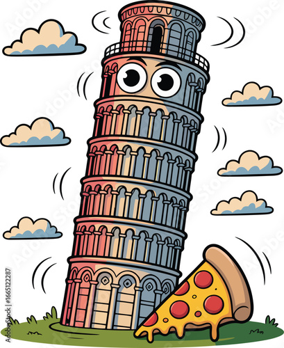 Cartoon Leaning Tower of Pisa Character with Pizza and Clouds for Travel and Tourism