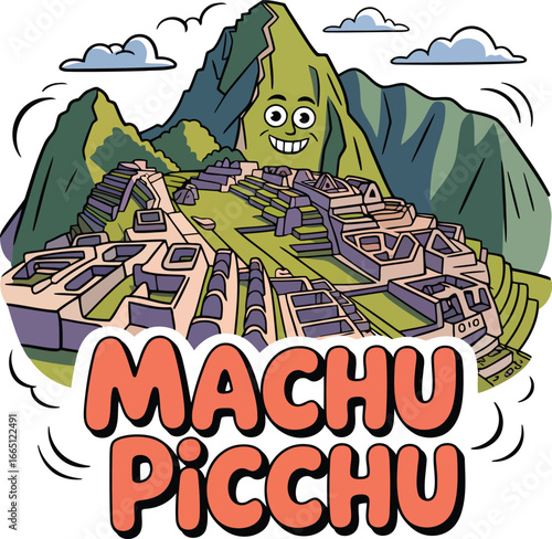 Cartoon Machu Picchu Illustration with Smiling Mountain Face and Bold Typography Design