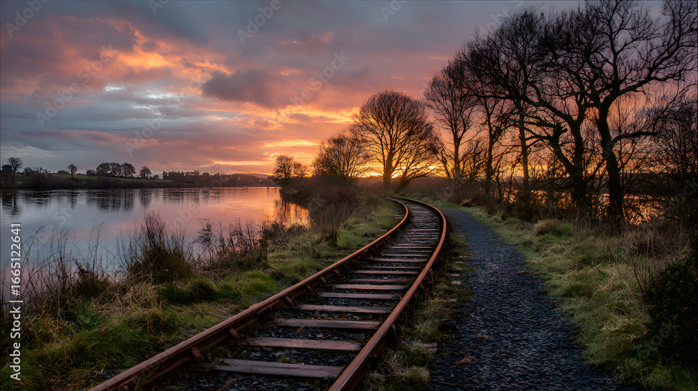 Fototapeta premium Rusty railroad tracks curving along river at scenic sunset