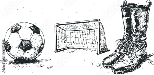 Sketch of soccer equipment ball goal net and worn boots on grass