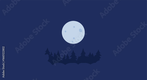 Silhouette trees, below a shining moon in a blue night sky, for dreamy background