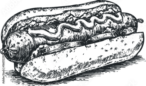 Detailed Sketch of a Hearty Hot Dog with Generous Toppings