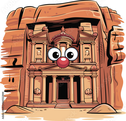 Cartoon Petra Treasury Landmark with Googly Eyes and Red Nose on Clear Backdrop