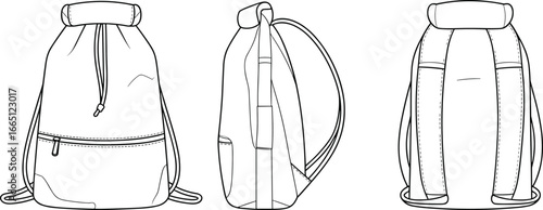 Backpack vector illustration, drawstring bag outline, fashion travel backpack sketch, school bag design, casual rucksack template, stylish accessory drawing, outdoor backpack vector design