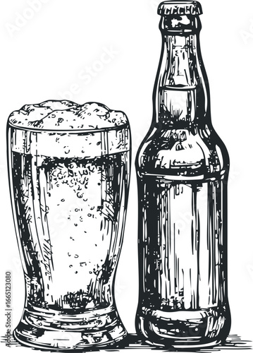 Hand drawn sketch of a glass full of beer next to a bottle