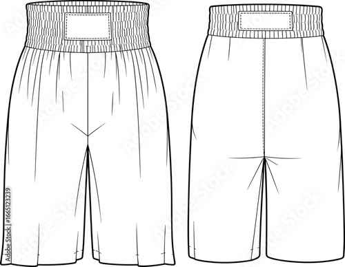 Blank shorts vector, elastic waistband pants template, unisex casual wear sketch, wide leg shorts outline, fashion clothing design front back illustration