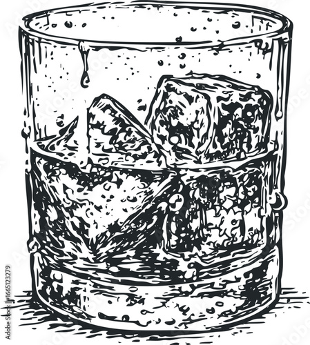 Sketchy Illustration of Whiskey Glass with Ice Cubes