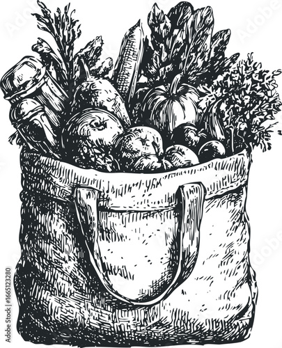 Sketch of a reusable grocery bag overflowing with fresh produce