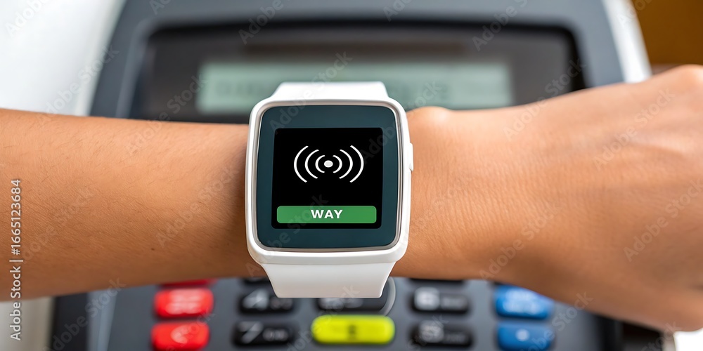 Obraz premium Contactless Payment with Smartwatch on POS Terminal, Demonstrating Modern Technology and Secure Transactions for Retail and Finance