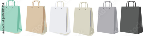 Colorful paper shopping bags illustration, eco-friendly gift bags vector, retail packaging design, mockup paper bag template, modern blank shopping tote