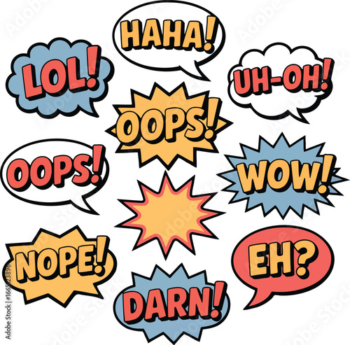 Cartoon Speech Bubbles with Exclamations like Haha, Oops, Wow, and Darn Comic Style