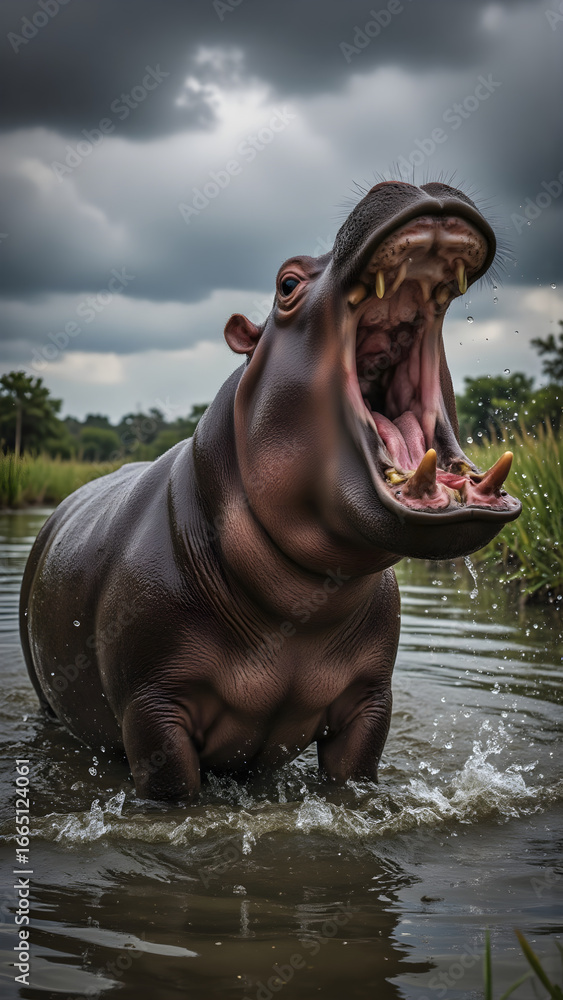 Fototapeta premium Nilpferd mit geöffnetem Maul im Wasser - Cooles Wallpaper - Magisches Hintergrundbild