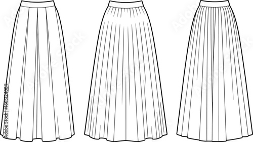 Fashion flat sketch, long pleated skirts, women clothing design, technical illustration, apparel template, vector outline, sewing pattern, garment drawing, skirt fashion