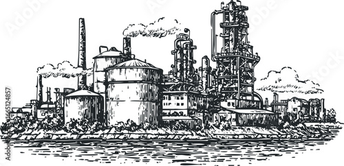 Sketch of Industrial Plant with Smokestacks and Storage Tanks by Water