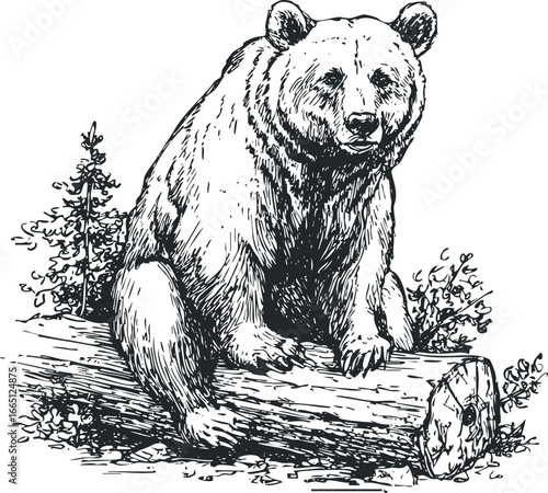 Detailed ink drawing of a grizzly bear resting on a fallen log in the woods