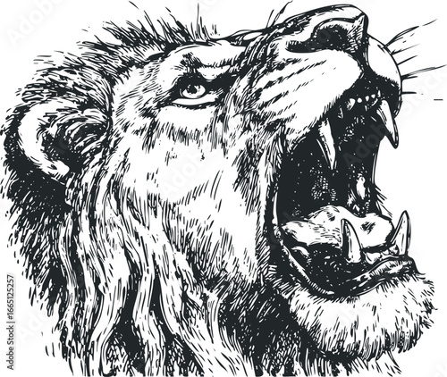 Ferocious Lion Head Roaring with Open Mouth and Sharp Teeth