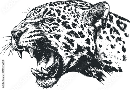 Black and white sketch of a roaring jaguar head with detailed fur texture