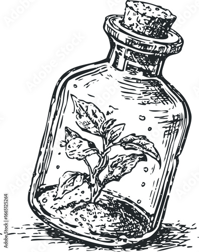 Ink sketch of a plant growing inside a glass bottle with a cork