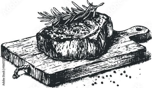 Cooked Beef Steak with Rosemary Sprig on Wooden Cutting Board