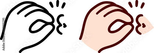 Cute cartoon hand making chef's kiss gesture, lips kissing fingers. Black and white line icon and color drawing. Simple vector clip art illustration.