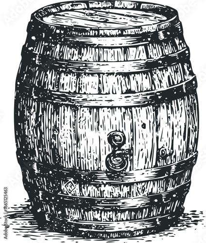 Wooden Barrel with Metal Bands and Tap Detailed Sketch