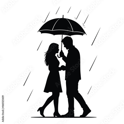 Romantic couple silhouetted under umbrella in falling rain romantic evening stroll together silhouette