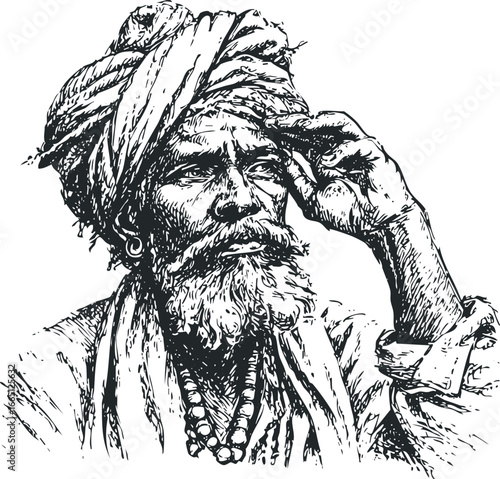 Elderly Man with Turban and Beard Touching Forehead in Sketch Style
