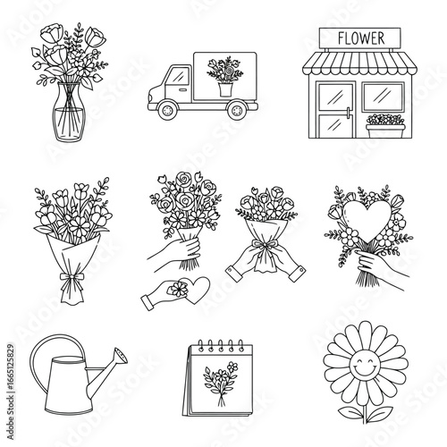 Collection of artistic floral elements featuring bouquets a flower shop delivery truck and watering can silhouette
