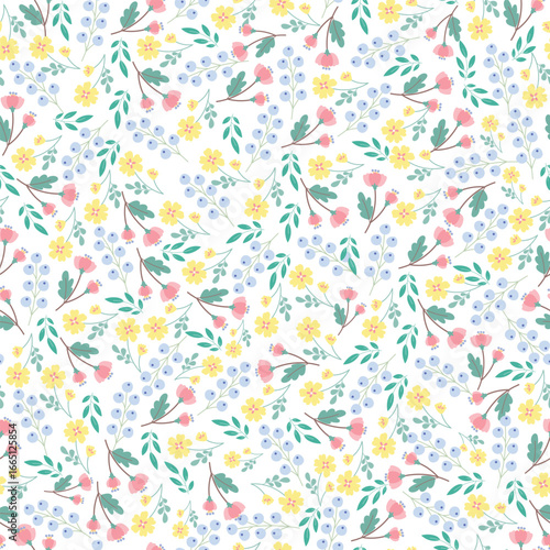 coquette seamless pink and blue flowers pattern. Delicate petals and vibrant blossoms create an artistic and vintage botanical illustration. pastel flower seamless pattern
