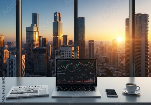 Cityscape office with laptop and financial news