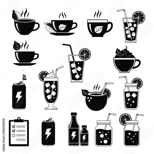 Collection of refreshing beverages hot coffee tea iced drinks energy drinks soda and jars of preserves for stock usage silhouette